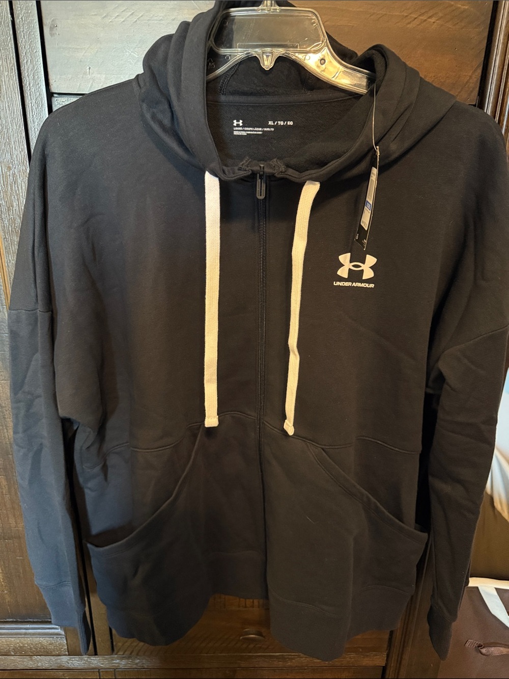 Under Armour Woman’s Black Zip Hoodie with white Drawcords